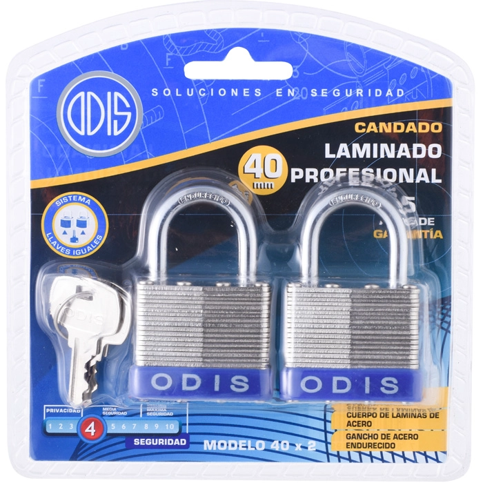 PACK ODIS 2 CANDADOS LAMINADOS 40 MM LLAVES IGUALES - 9