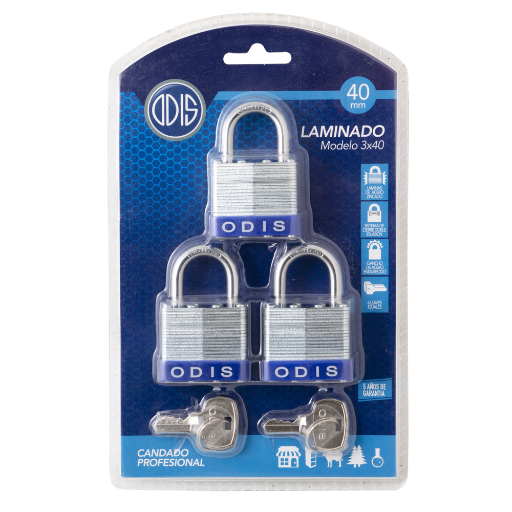 PACK ODIS 3 CANDADOS LAMINADOS 40 MM LLAVES IGUALES - 8