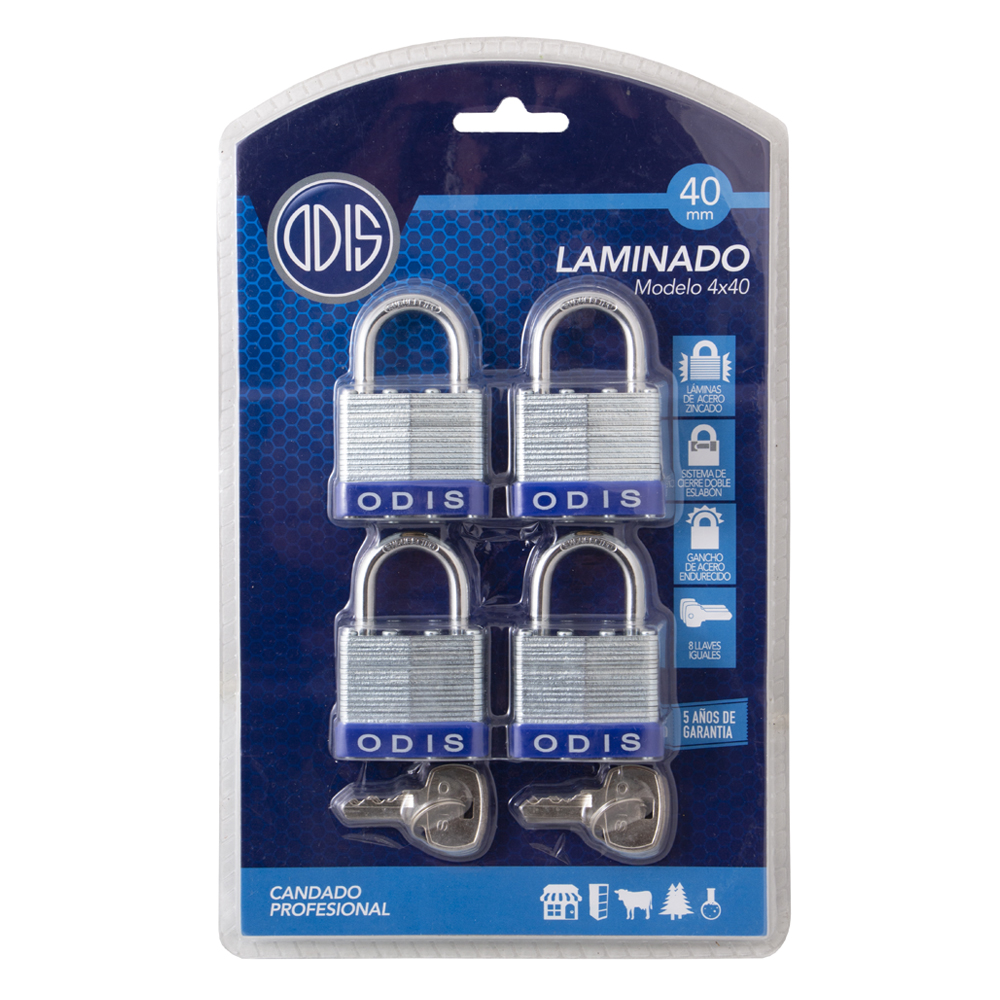 PACK ODIS 4 CANDADOS LAMINADOS 40 MM LLAVES IGUALES - 6