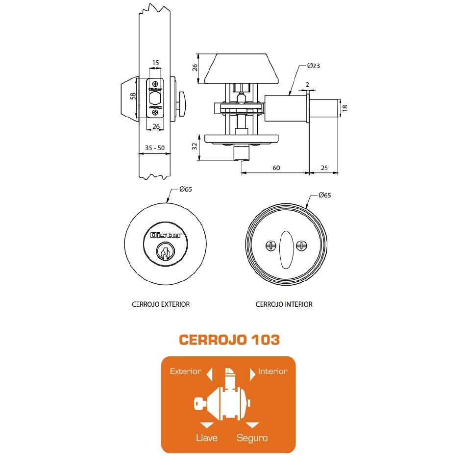 CERROJO OISTER TUBULAR 103 LLAVE-SEGURO PLATA - 4