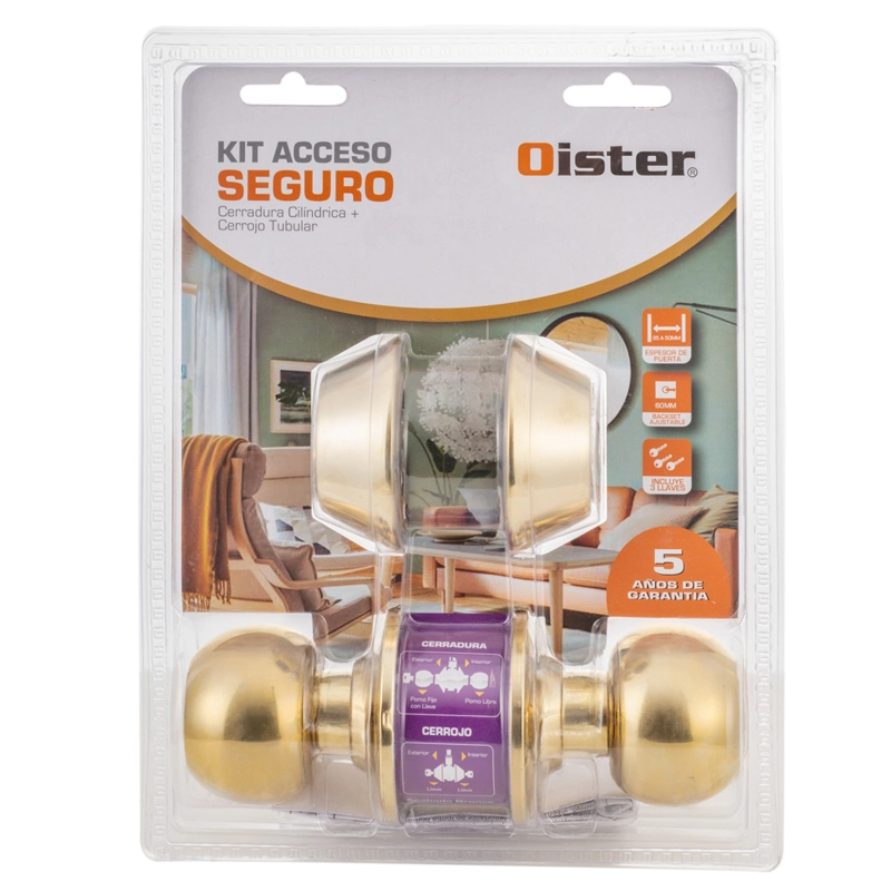KIT OISTER CERRADURA CILÍNDRICA ACCESO + CERROJO TUBULAR LLAVE-LLAVE IGUALADO BRONCE - 9