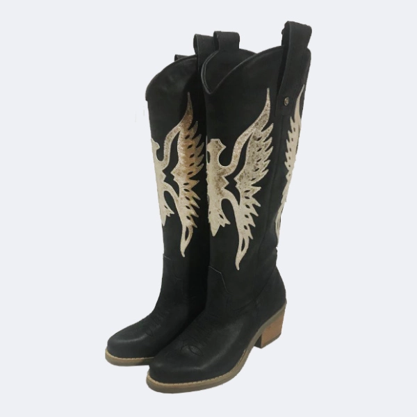 BOTA AGUILA CUERO NEGRO DORADO EXOTICA - 1