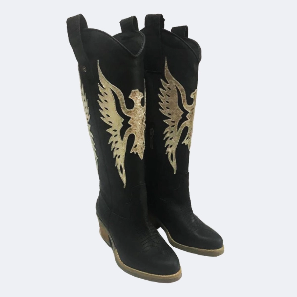 BOTA AGUILA CUERO NEGRO DORADO EXOTICA - 2