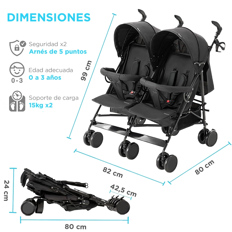 COCHE PARAGUA DOBLE TWIN DARK GREY - 7
