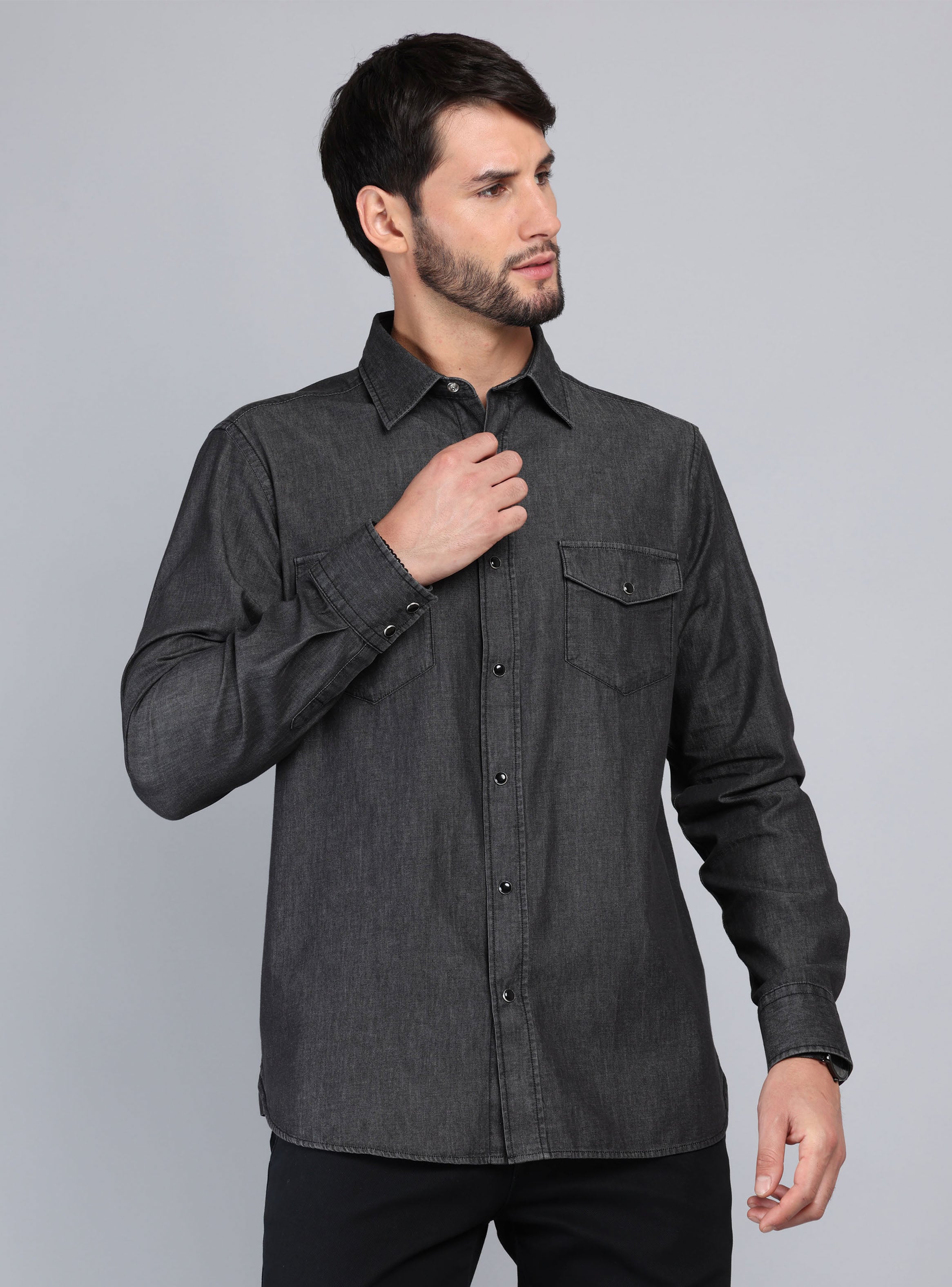 CAMISA DENIM STONE WASH REGULAR FIT NEGRO ARROW - 1
