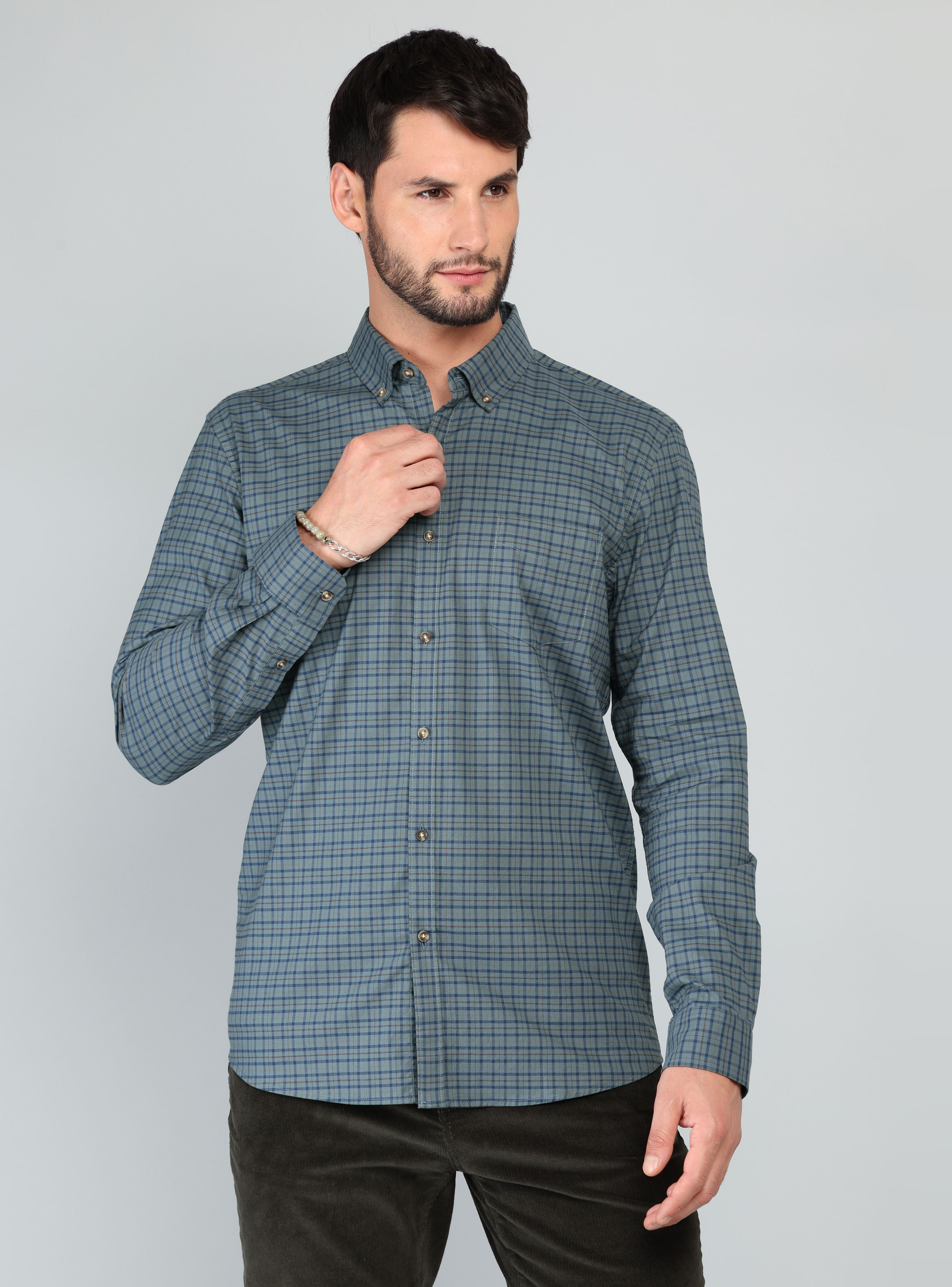 CAMISA A CUADROS SPANDEX REGULAR FIT VERDE ARROW - 1
