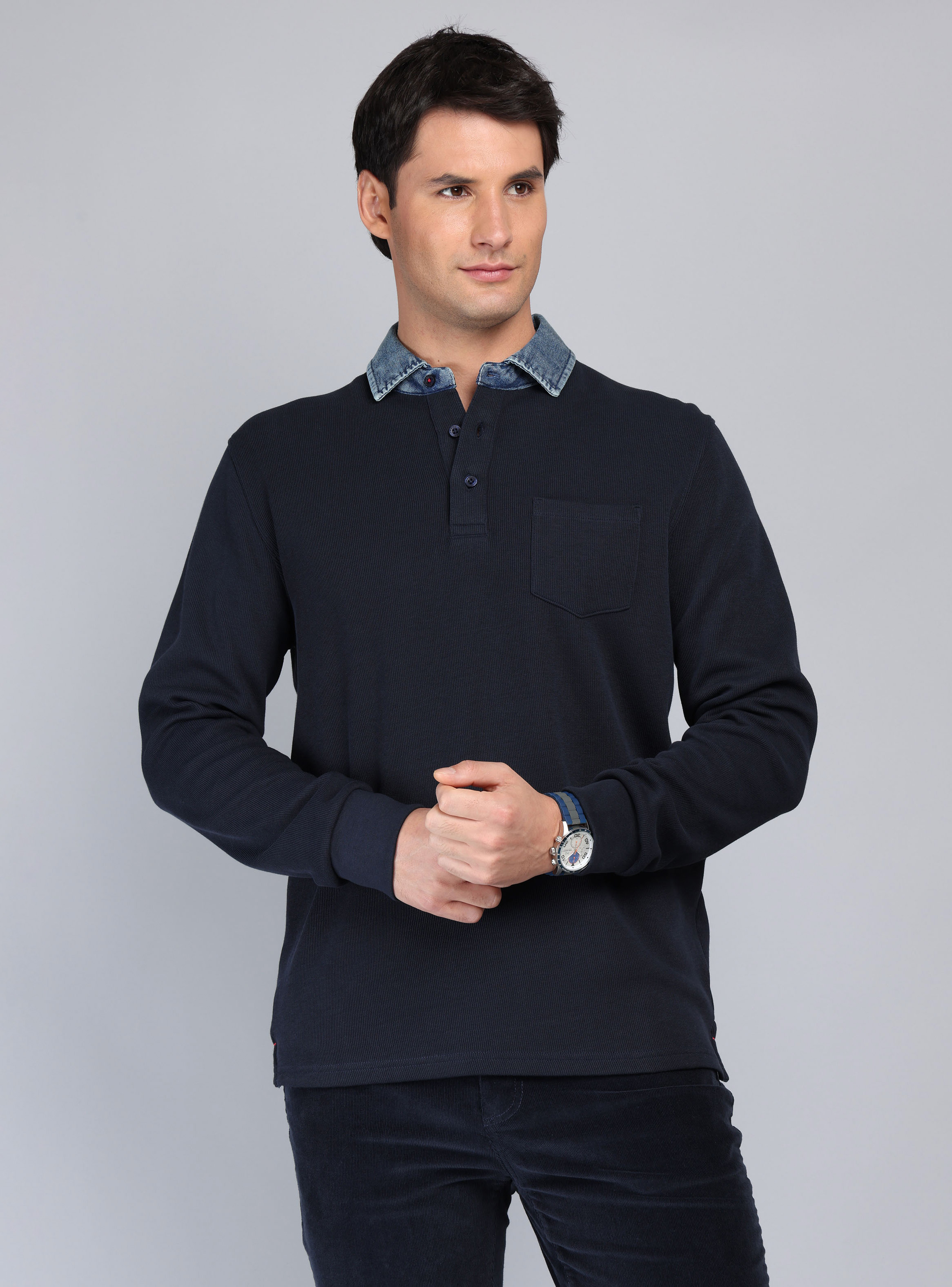 POLERA RIB MANGA LARGA REGULAR FIT AZUL MARINO ARROW - 1