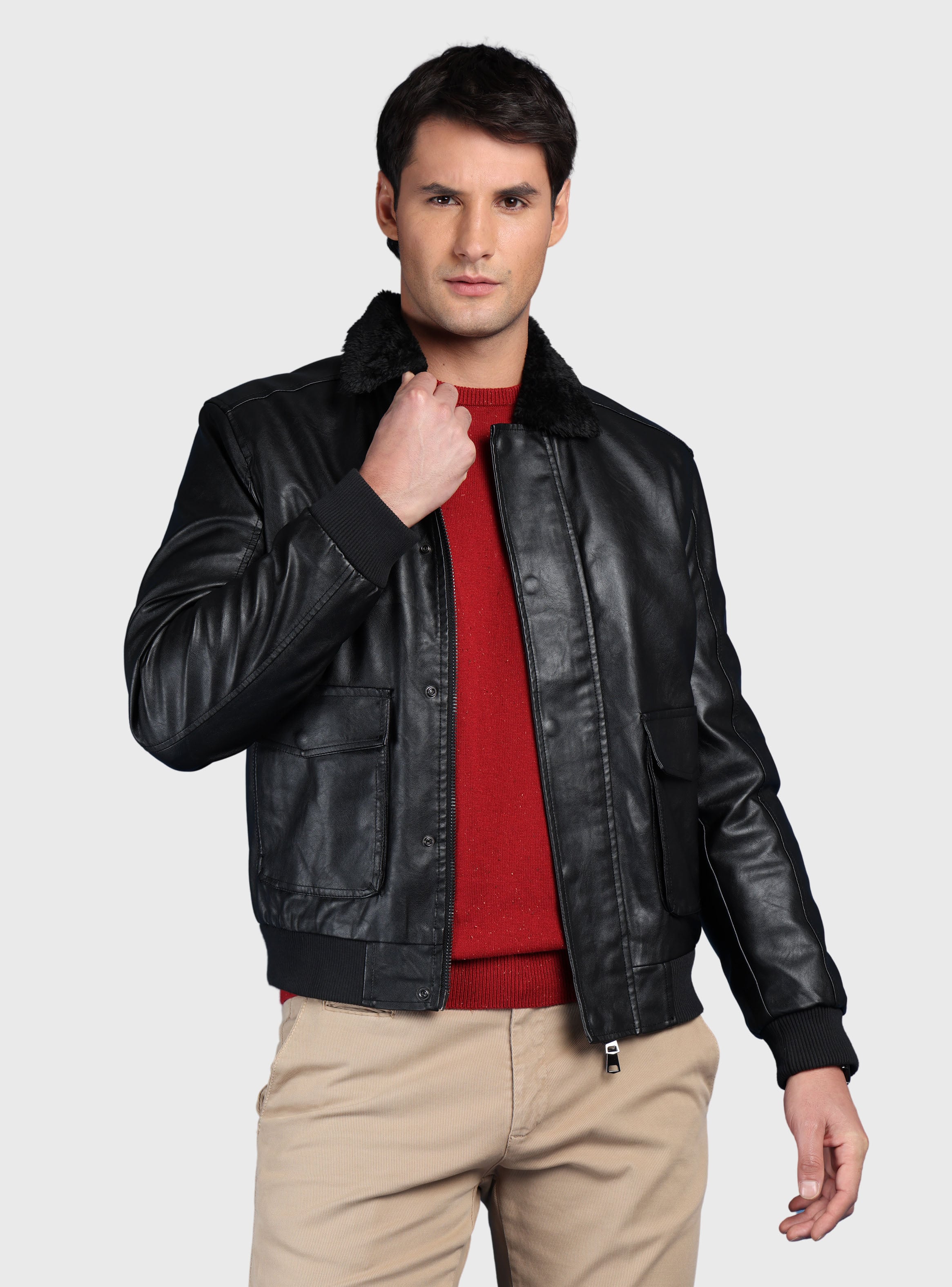CHAQUETA TEXTURADA EN PU SLIM FIT NEGRO ARROW - 1