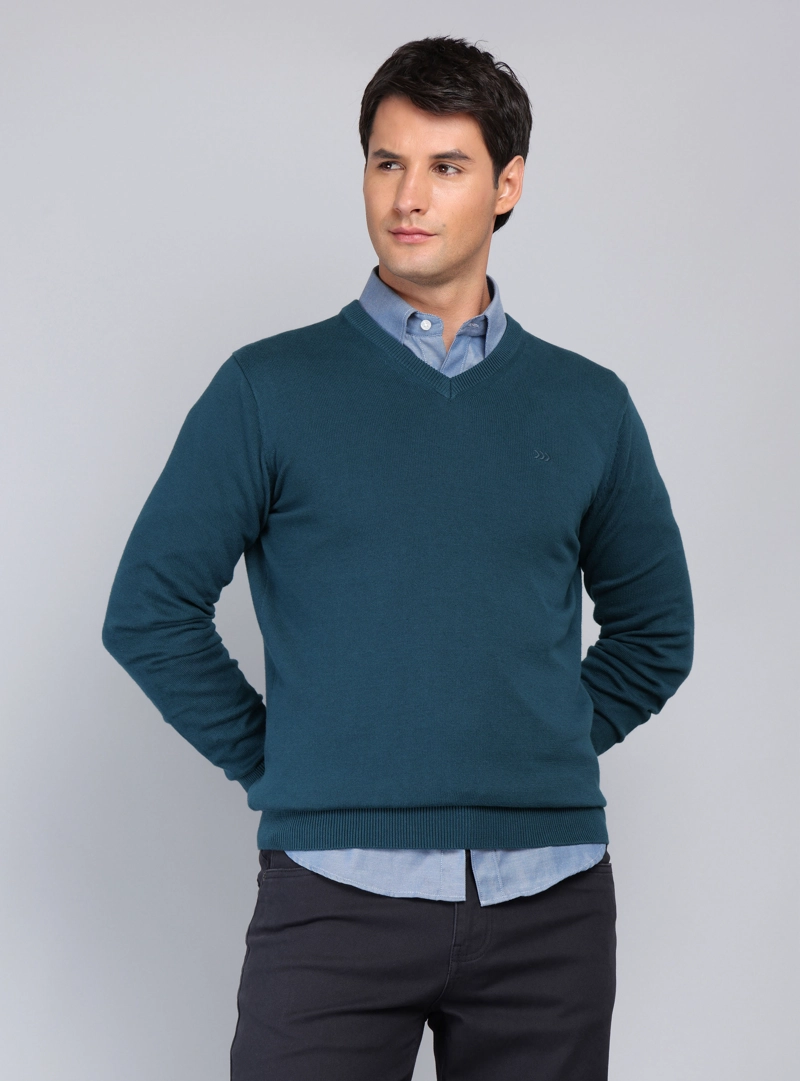 SWEATER CUELLO V REGULAR FIT PETROLEO ARROW - 1