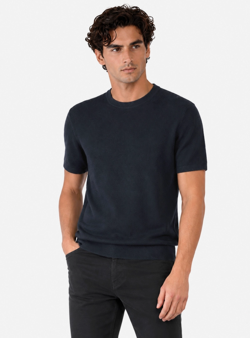 POLERA TEJIDA LINO-ALGODON REGULAR FIT AZUL MARINO ARROW - 1