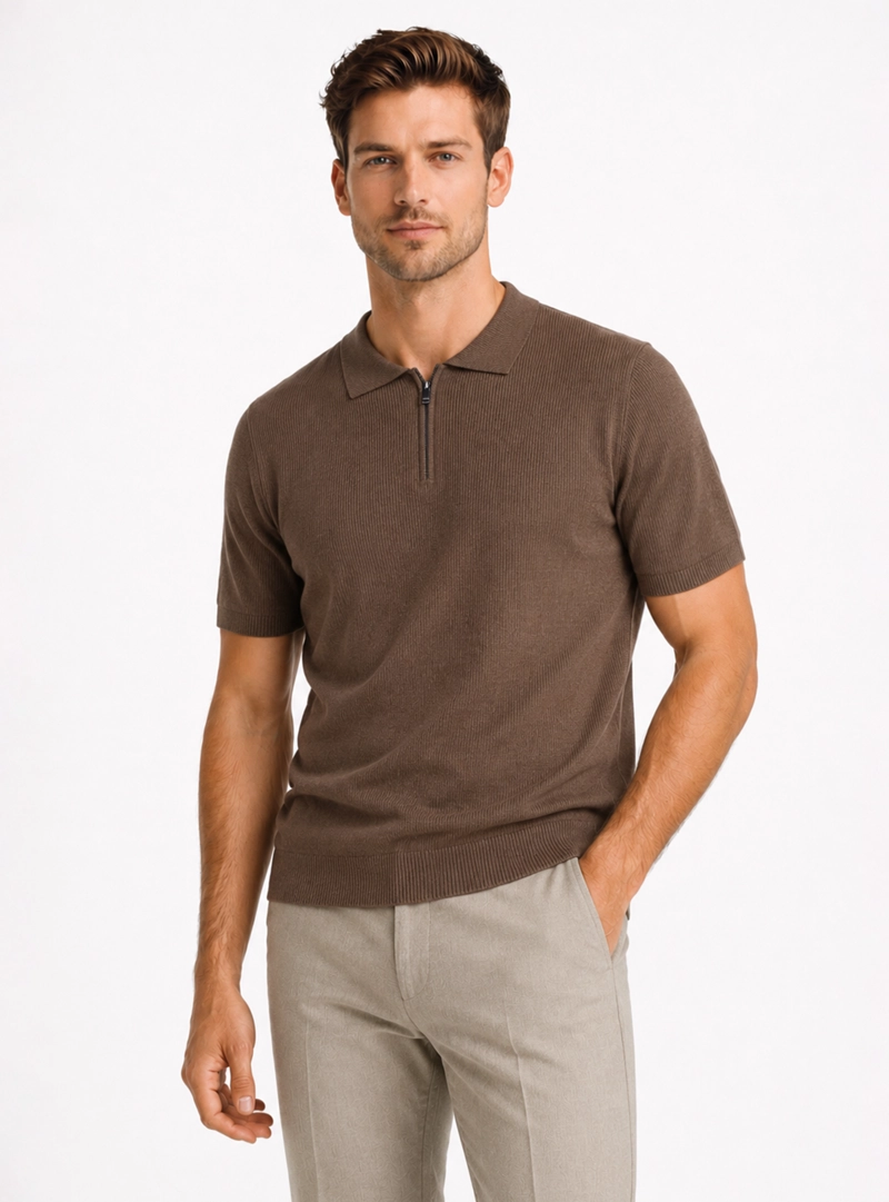 POLERA TEJIDA HALF ZIPPER REGULAR FIT CAFE  ARROW - 1
