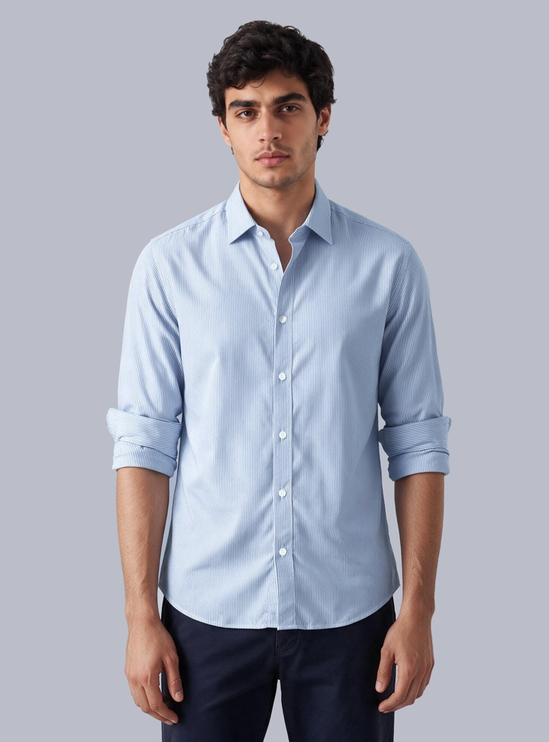 CAMISA A RAYAS SPANDEX SLIM FIT CELESTE ARROW - 1