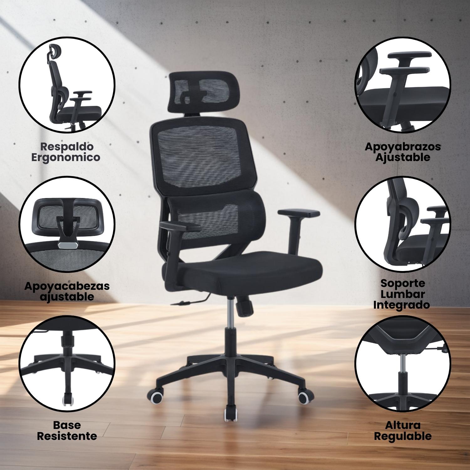 SILLA DE OFICINA EJECUTIVA MESH ERGONOMICA NEGRO - 7