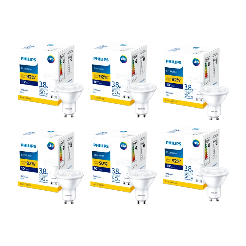 PACK 6 AMPOLLETAS LED PHILIPS GU10 3.8W LUZ CALIDA - 1