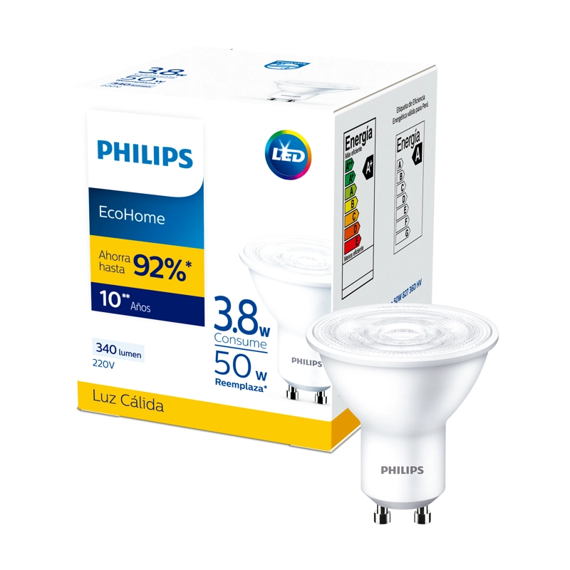 PACK 6 AMPOLLETAS LED PHILIPS GU10 3.8W LUZ CALIDA - 3