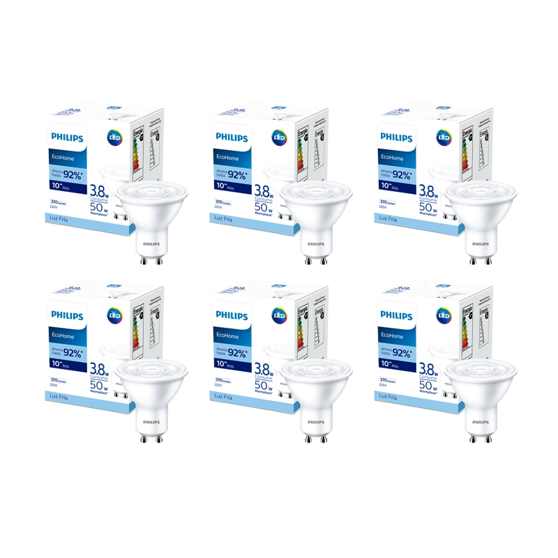 PACK 6 AMPOLLETAS LED PHILIPS GU10 3.8W LUZ FRIA - 1