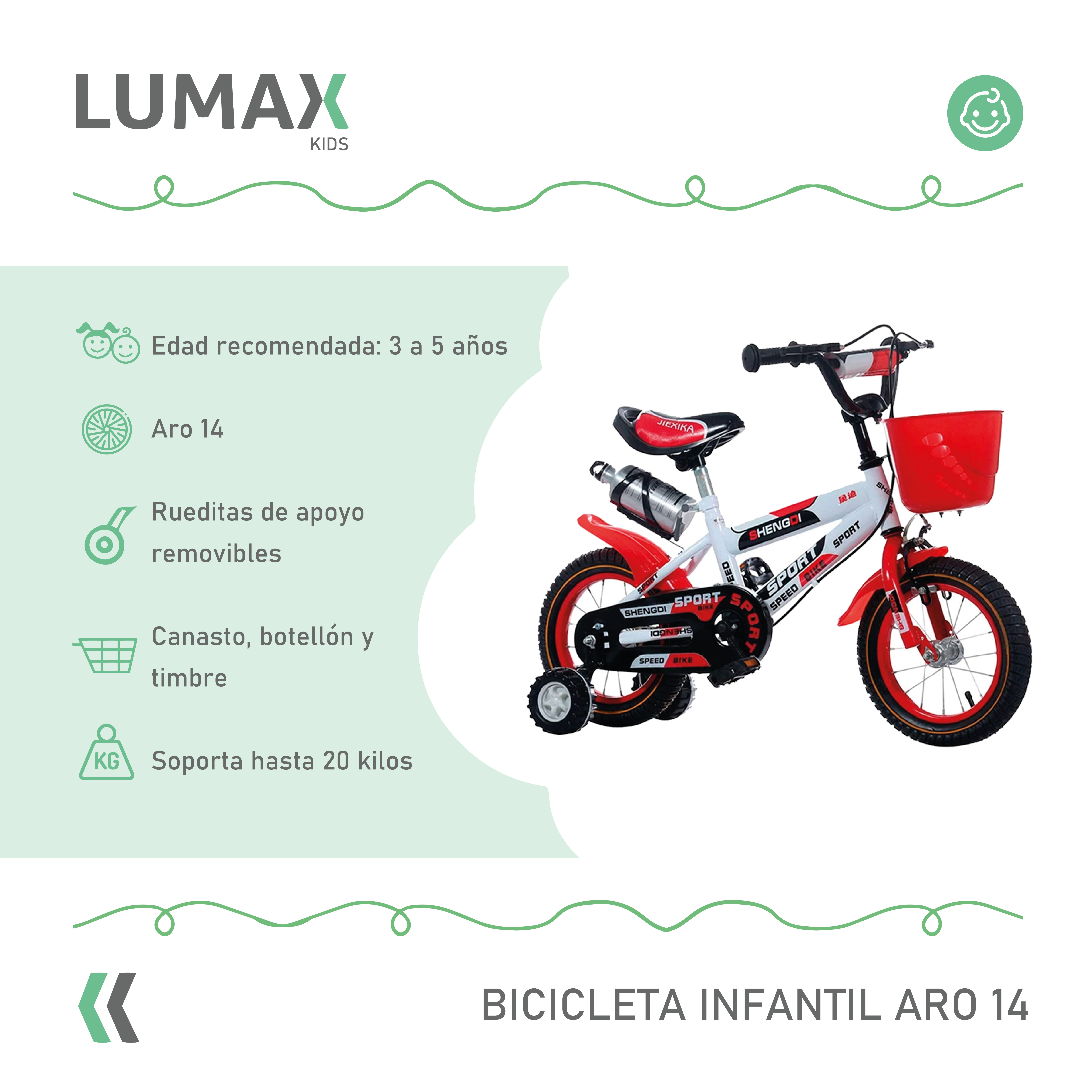 BICICLETA ARO 14 INFANTIL LUMAX COLORES A ELECCION - 2