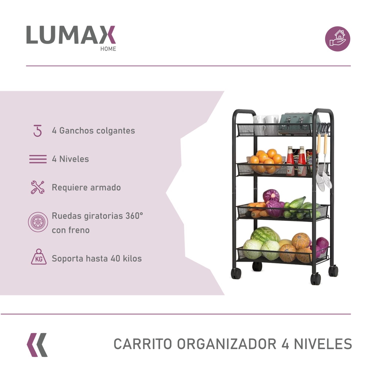 CARRITO ORGANIZADOR 4 NIVELES CON RUEDAS NEGRO - 2