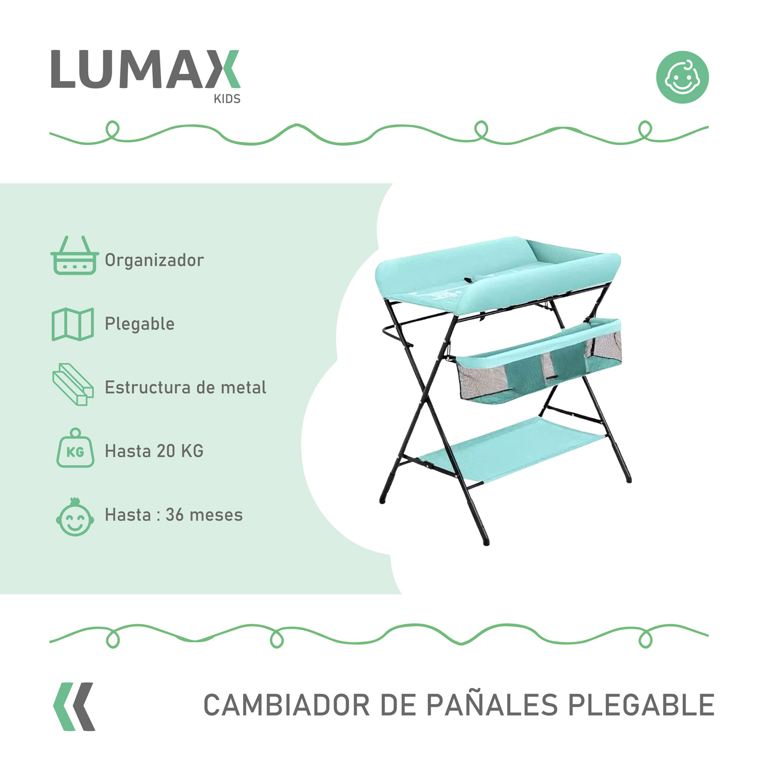 CAMBIADOR PAÑALES BEBÉ PLEGABLE PORTÁTIL VERDE - 2