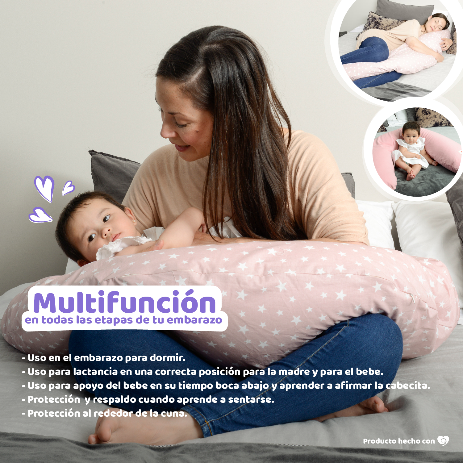 COJÍN AMAMANTAS MULTIFUNCIONAL MATERNAL ALGODÓN ROSA MICROPERLAS - 5