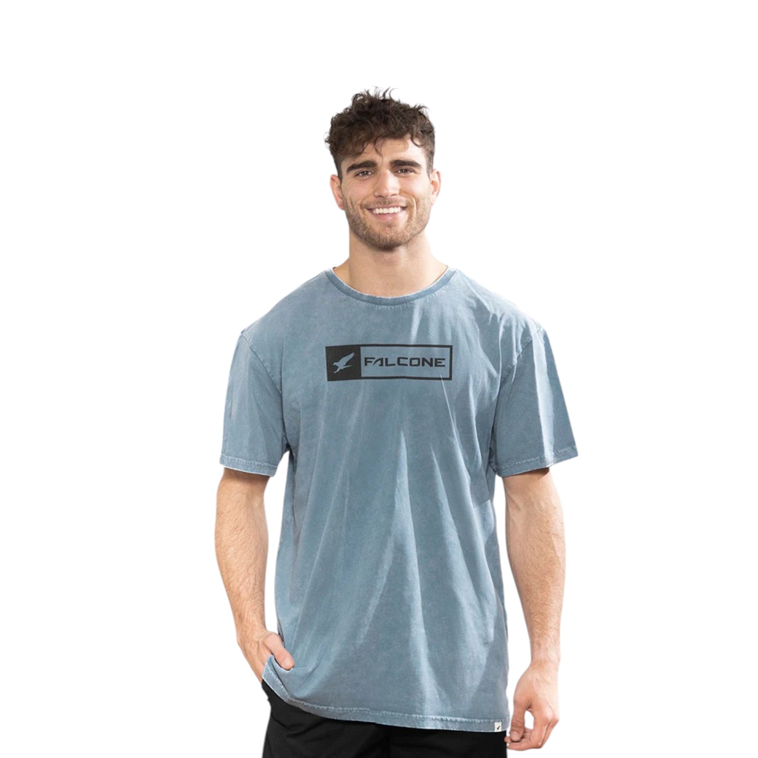 POLERA ORGÁNICA ACID-WASH RECTANGULAR LOGO AZUL HOMBRE FALCONE - 1