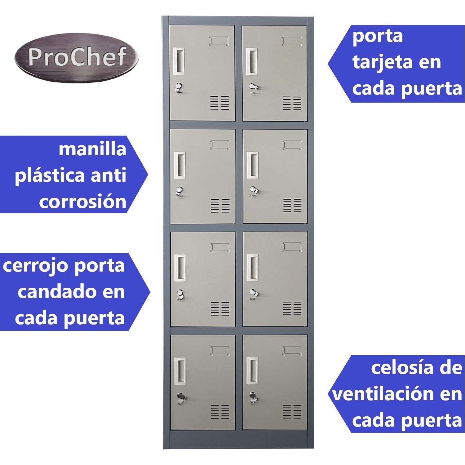 LOCKER PROCHEF ACERO 8 PUERTAS GRIS CASILLERO METALICO 2 CUERPOS - 3