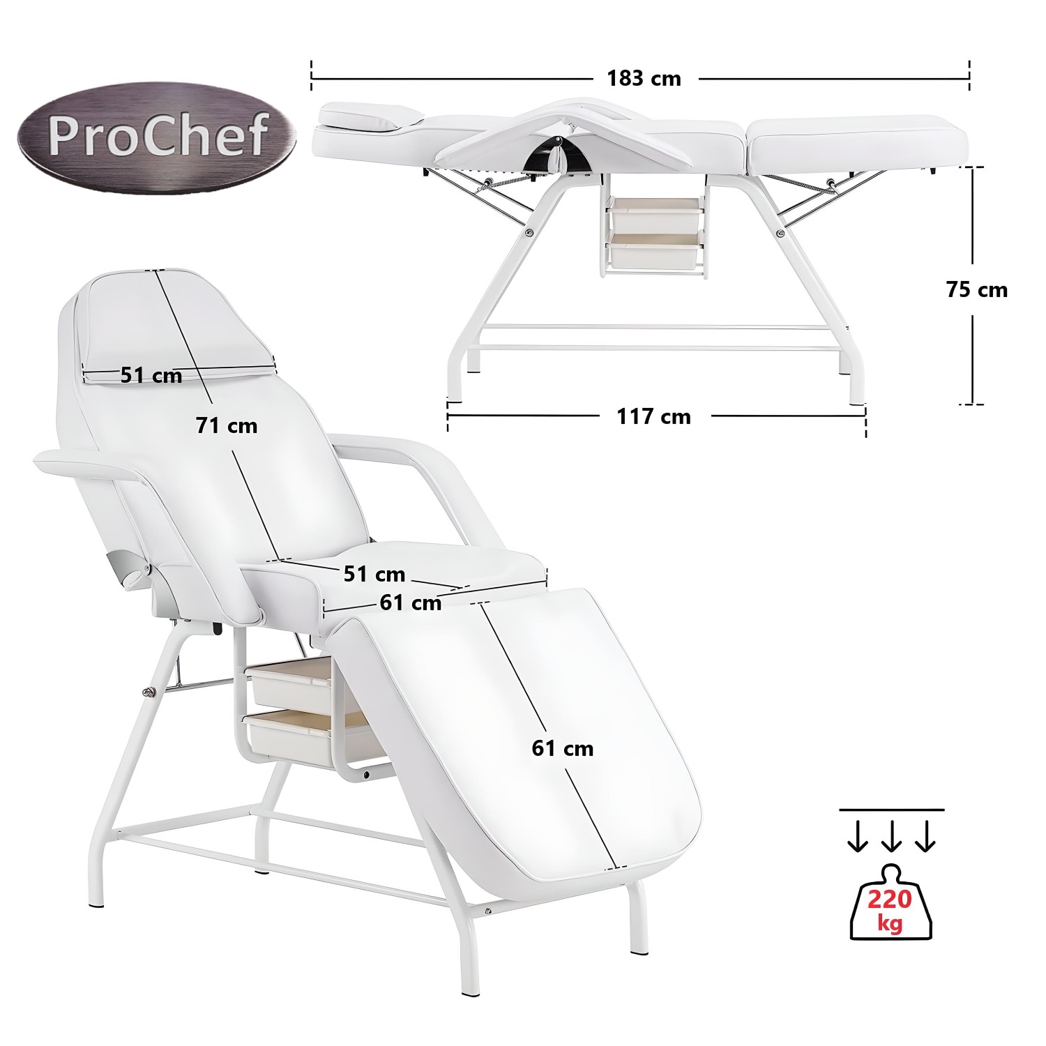 CAMILLA DE MASAJE PROCHEF 60 CM X 29 CM RECLINABLE CON BANDEJAS INFERIORES - 3