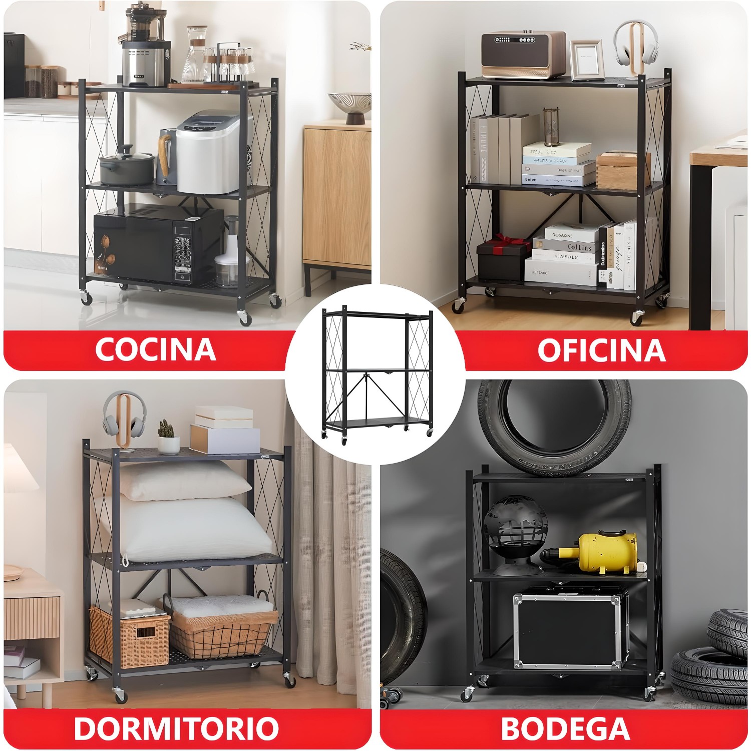 ESTANTE PLEGABLE DE ACERO CON RUEDAS. 3 BANDEJAS - 5