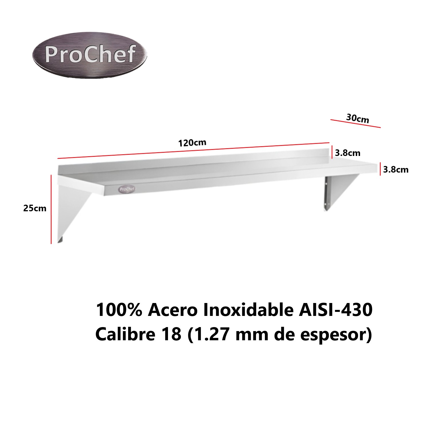 REPISA MURAL 120X30 CM. ACERO INOXIDABLE LISO - 4