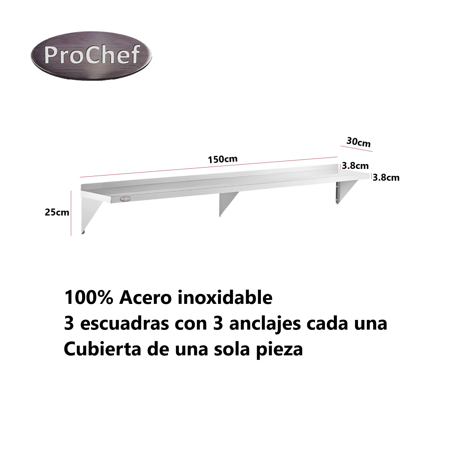 REPISA MURAL 150X30 CM. ACERO INOXIDABLE LISO - 3
