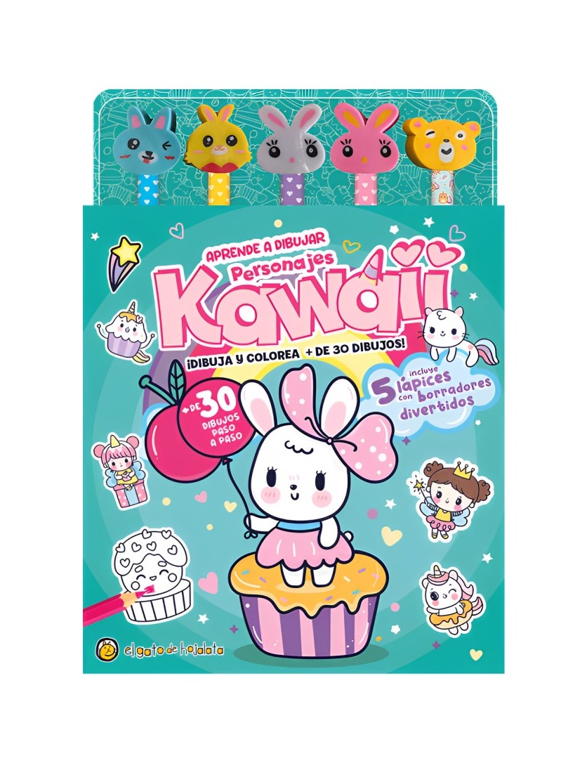 LIBRO LAPICES Y BORRADORES DE COLORES: PERSONAJES KAWAII / EL GATO DE HOJALATA - 1