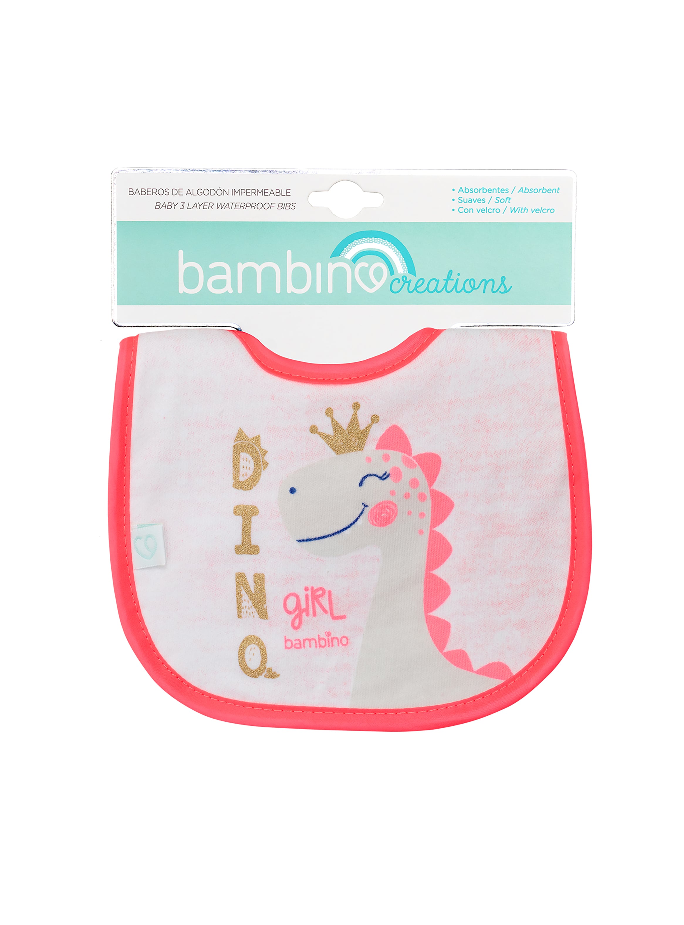 BABERO BAMBINO ALGODÓN IMPERMEABLE DINO FUCSIA - 3