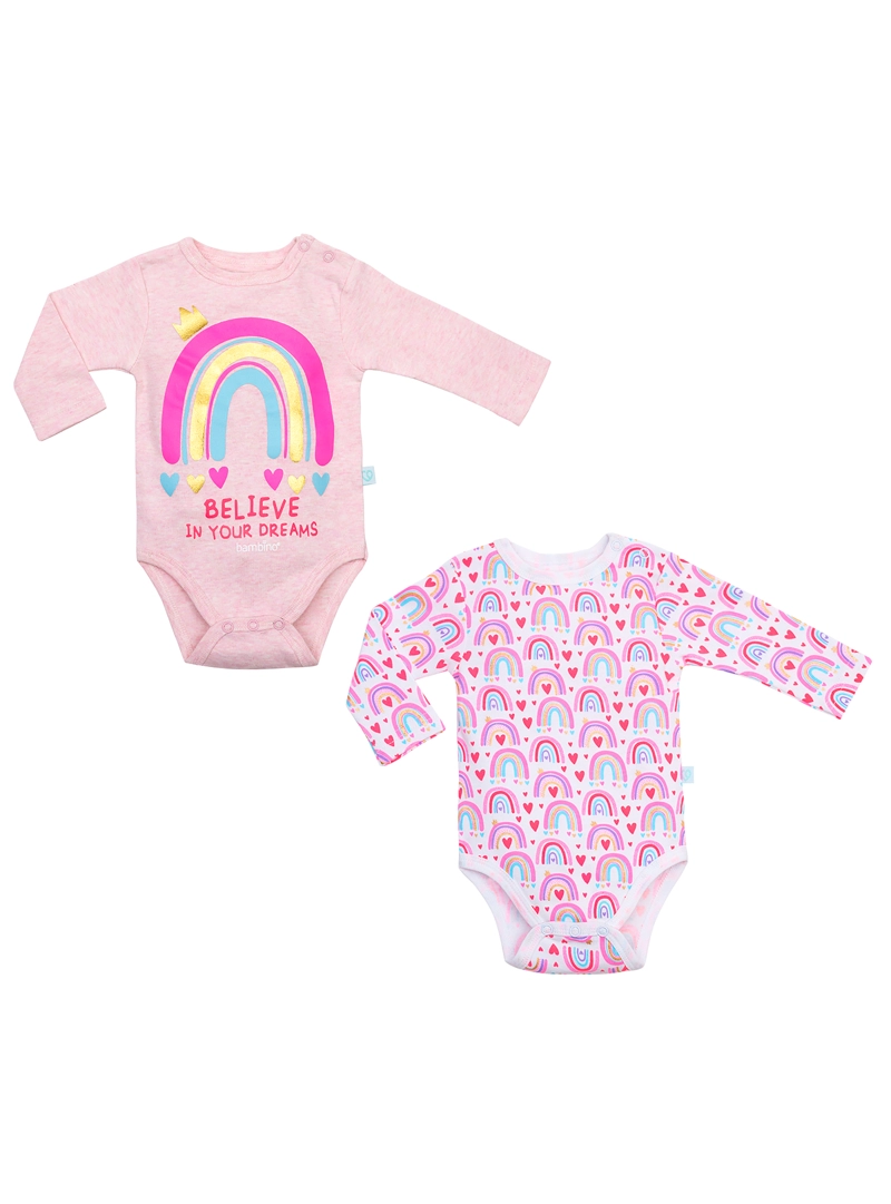 PACK 2 BODY ALGODON NIÑA BAMBINO ROSADO MANGA LARGA ARCOIRIS - 1
