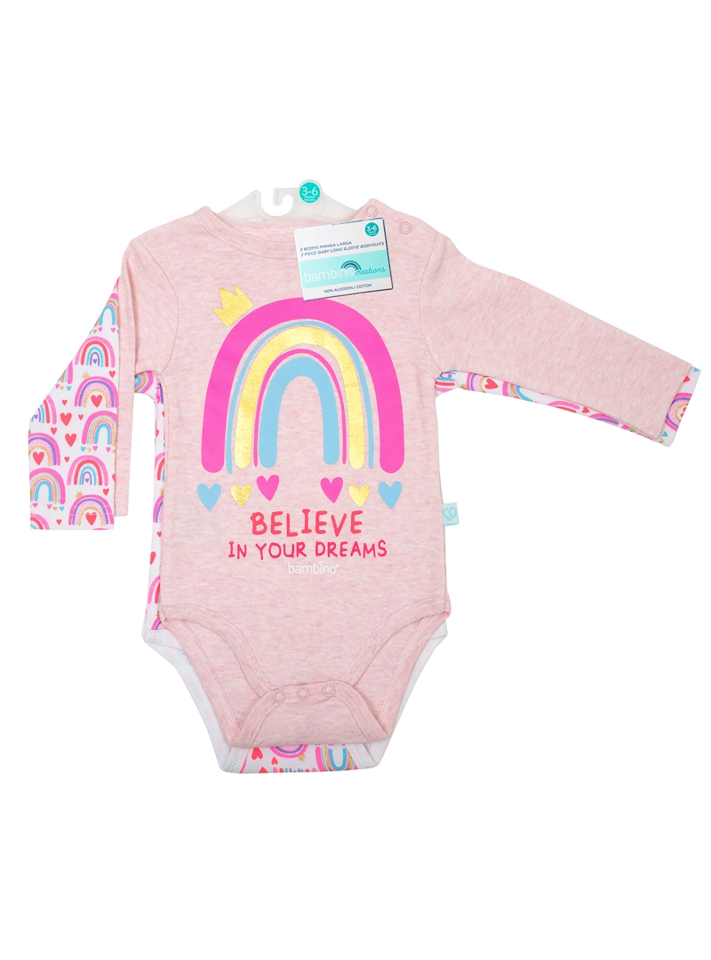 PACK 2 BODY ALGODON NIÑA BAMBINO ROSADO MANGA LARGA ARCOIRIS - 2
