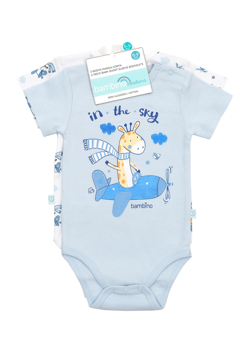 PACK 2 BODY ALGODON NIÑO BAMBINO CELESTE MANGA CORTA JIRAFA 12-18M - 1