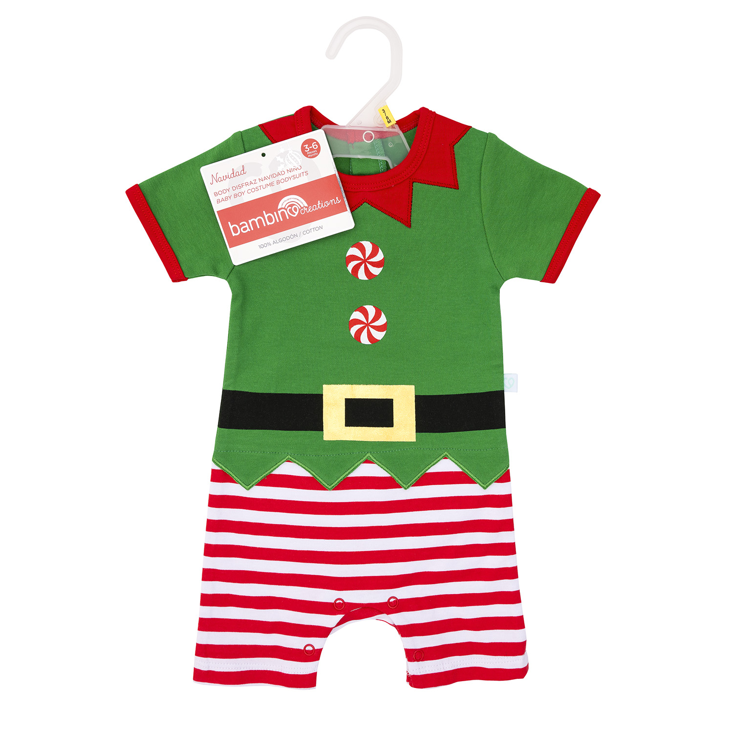 ENTERITO ALGODON NIÑO BAMBINO ROJO NAVIDAD DUENDE VERDE 3-6 MESES - 1