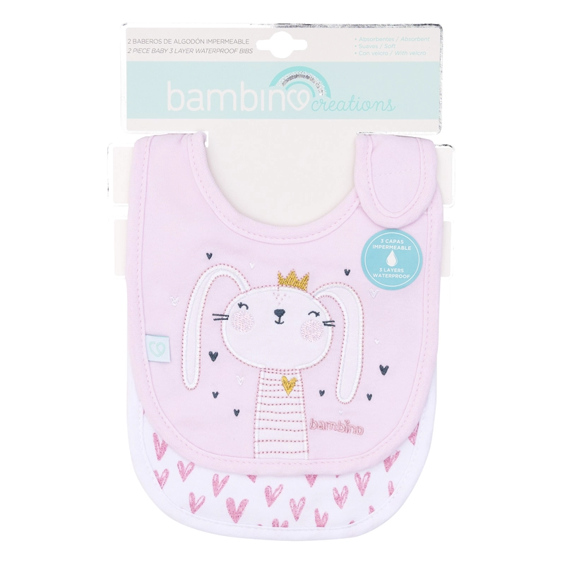 SET BAMBINO 2 BABERO ALGODÓN IMPERMEABLE CONEJITA NIÑA ROSADO - 1