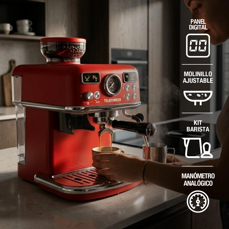 CAFETERA ESPRESSO CON MOLINILLO TELEFUNKEN PARMA ROJA - 7