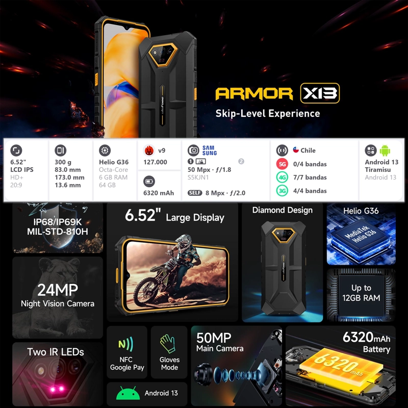 CELULAR ULEFONE ARMOR X13 64 GB 6 GB RAM 50 MP 6.5 " ANDROID 13 DUALSIM RUGGED - 2