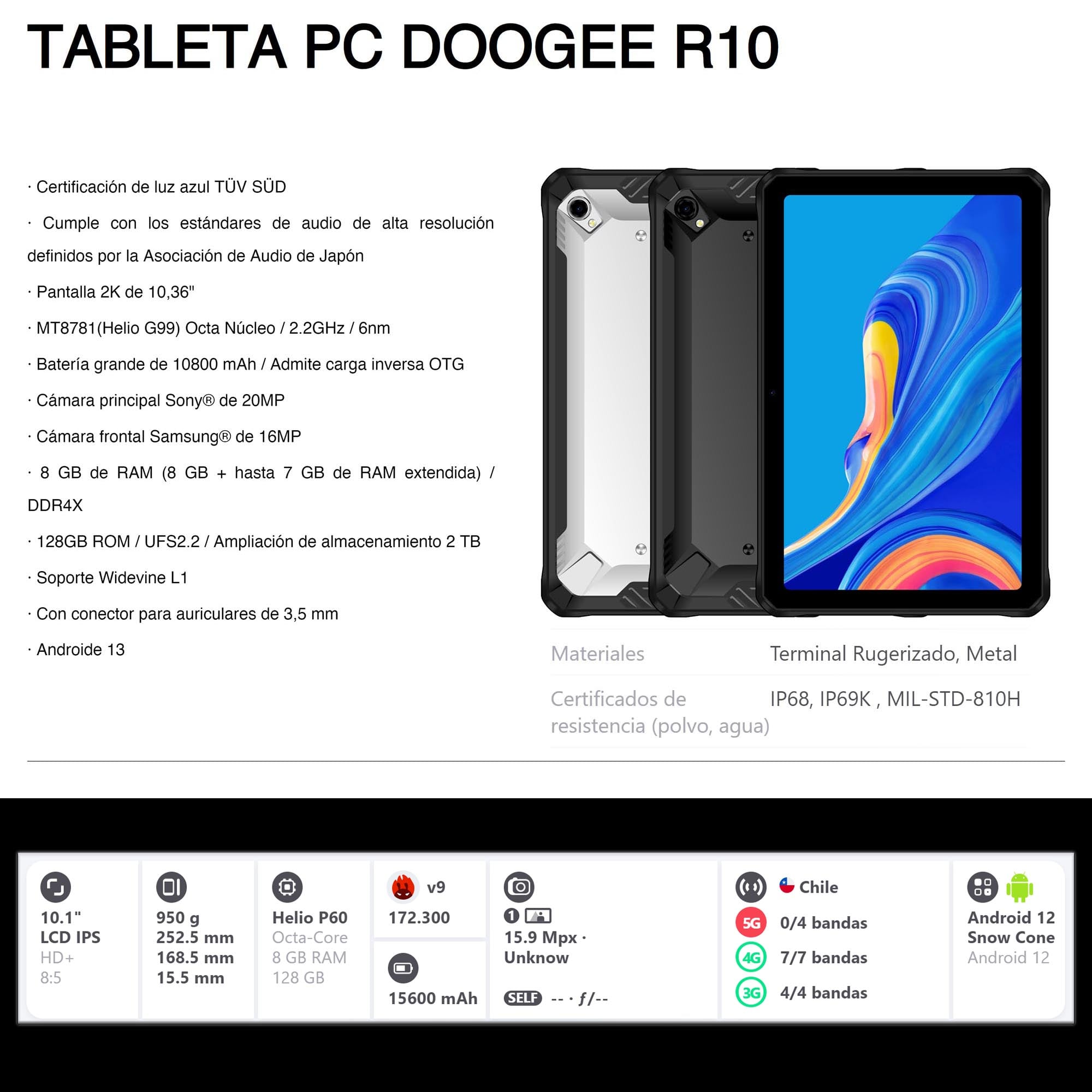TABLET DOOGEE R10 10" 128 GB RUGGED 4G RESISTENTE GOLPES CAIDAS AGUA POLVO ANDROID 12 - 2