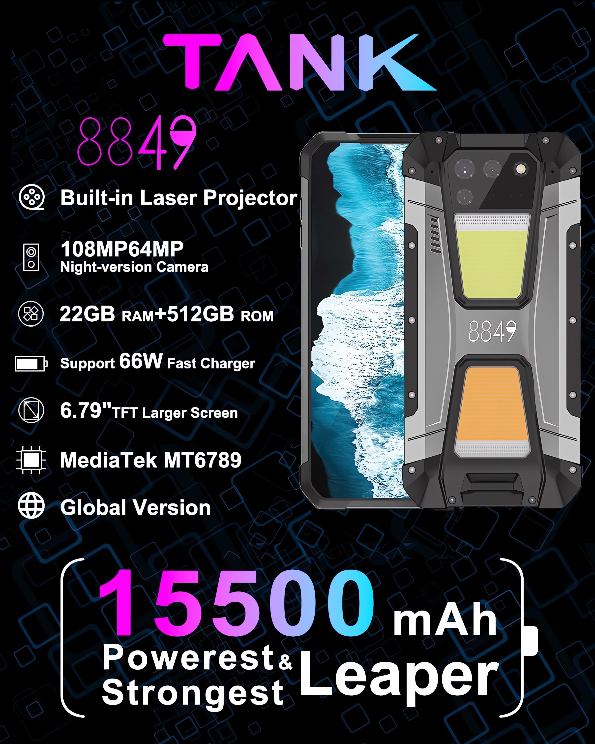 CELULAR BLACKVIEW TANK 2 512GB 12GB RAM 108 MP 6.7 " UNIHERTZ 8849 4G PROYECTOR LÁSER DE 80 PULGADAS - 3