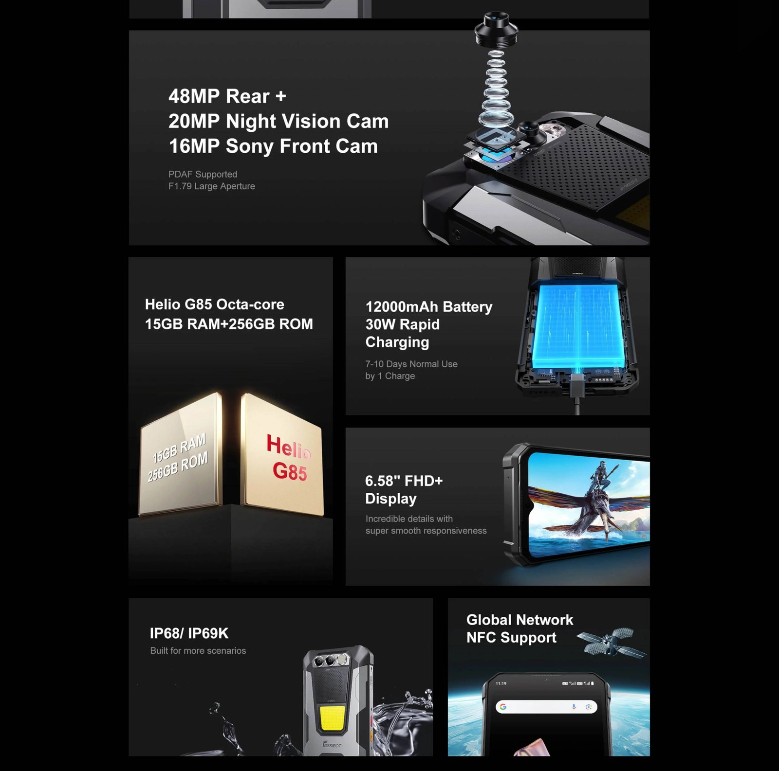 FOSSIBOT F106 PRO - SMARTPHONE RUGERIZADO 6,58'' FHD+, CÁMARA 48 MP, BATERÍA 12.000 MAH - 3