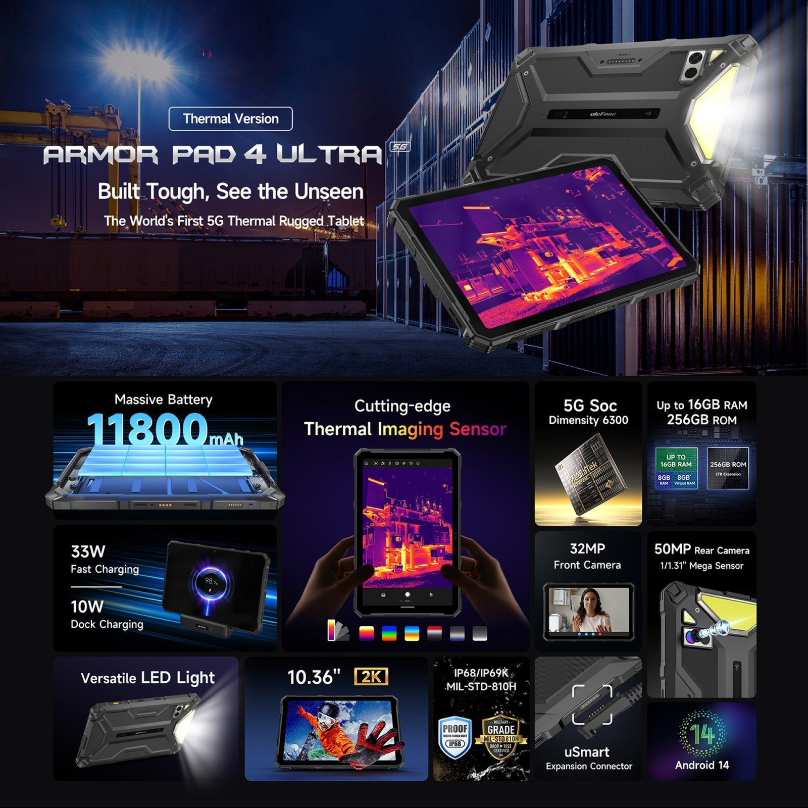 TABLET ULEFONE ARMOR PAD 4 ULTRA TERMICA 10.36" 256 GB CÁMARA TÉRMICA RUGGED 5G 8GB RAM - 2