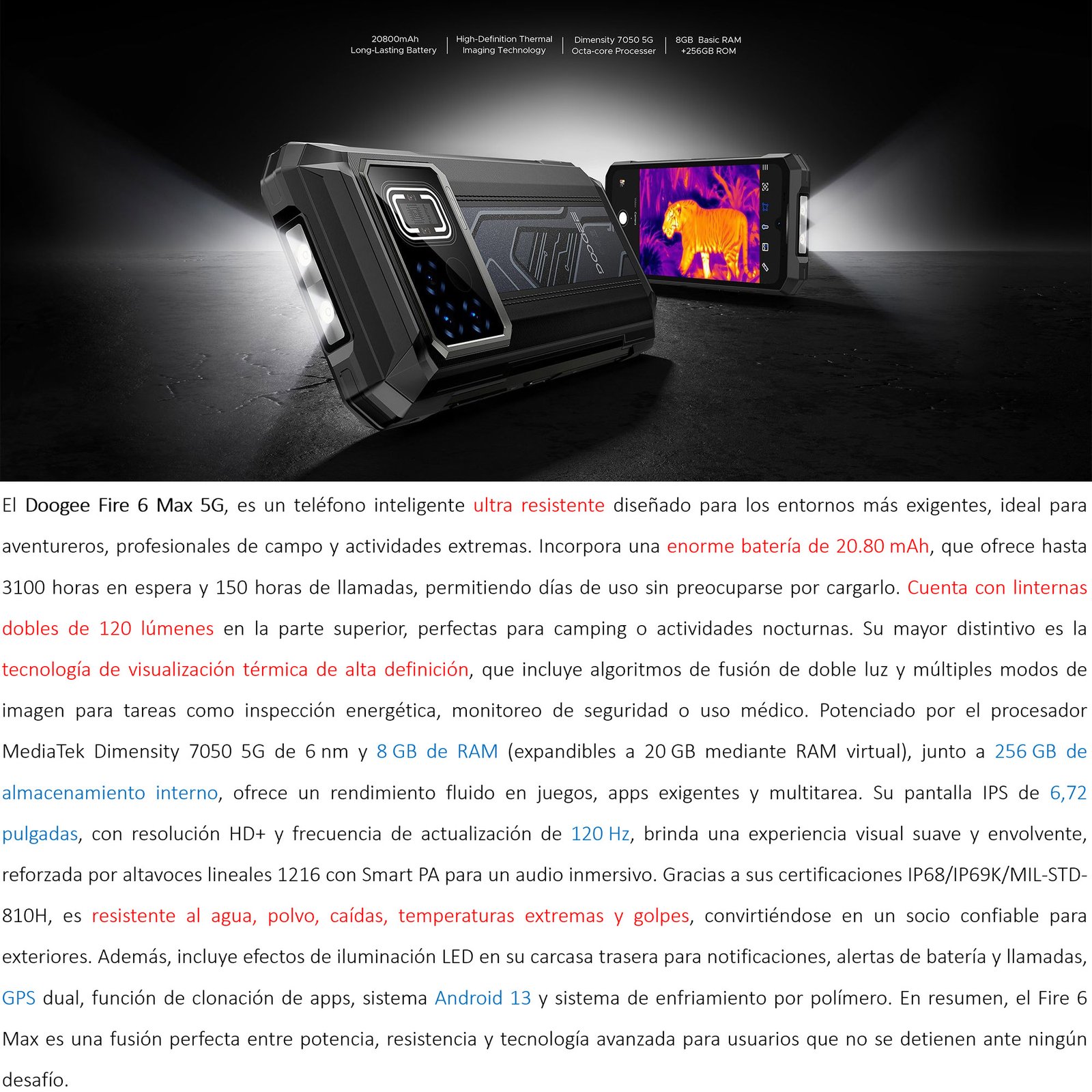 DOOGEE FIRE 6 MAX 5G – SMARTPHONE RESISTENTE CON CÁMARA TÉRMICA Y BATERÍA DE 20.800MAH - 2