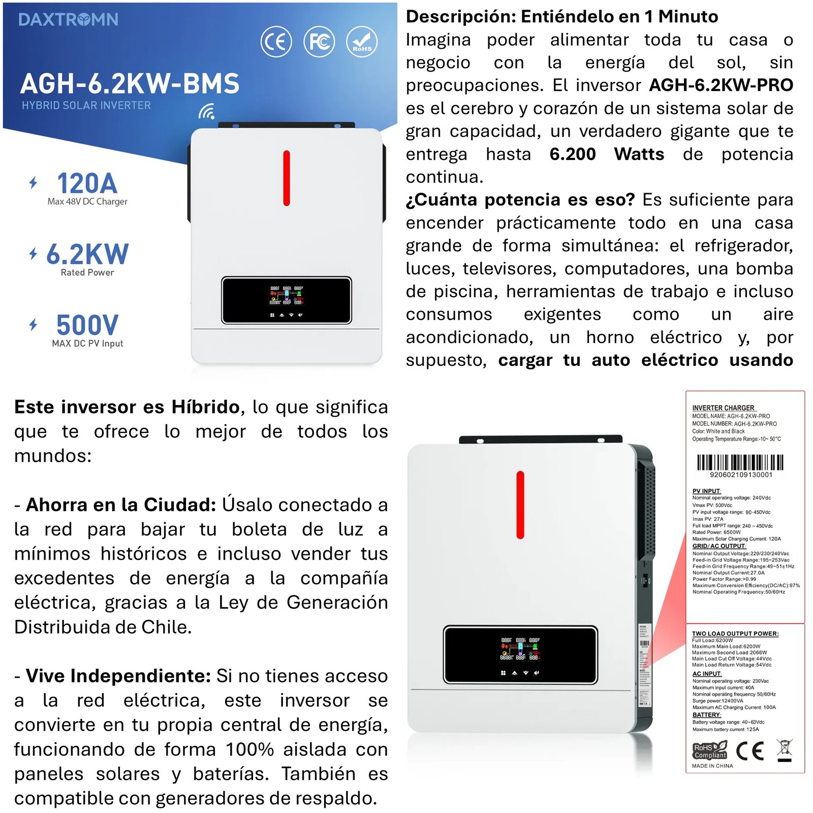 INVERSOR SOLAR CON WIFI HÍBRIDO 6.2KW, POTENCIA PICO 12.400W - 4