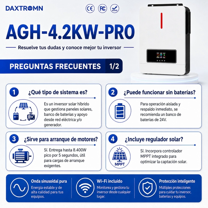 INVERSOR SOLAR CON WIFI HIBRIDO 4.2KW, POTENCIA PICO 8.400W - 10