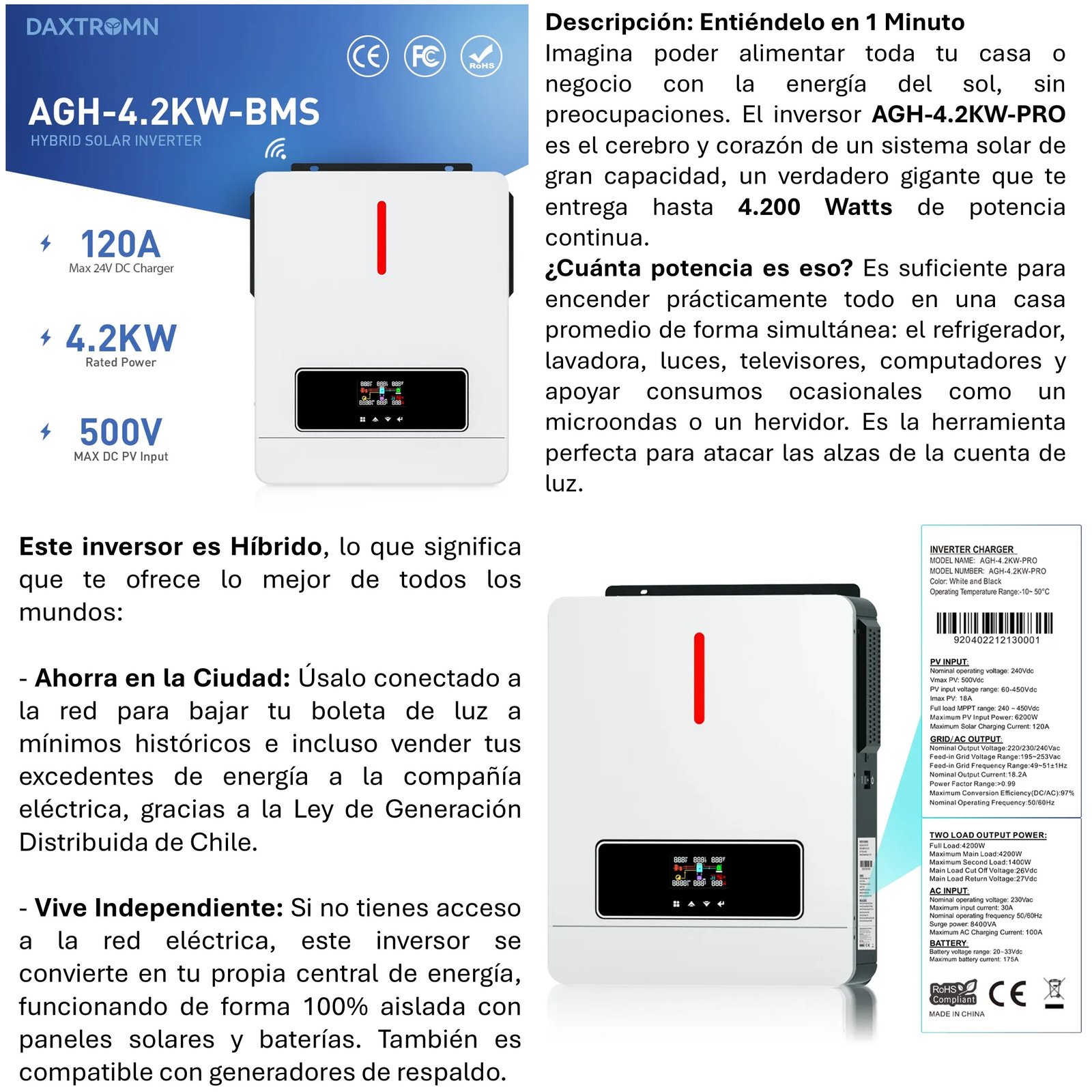 INVERSOR SOLAR CON WIFI HÍBRIDO 4.2KW, POTENCIA PICO 8.400W - 4