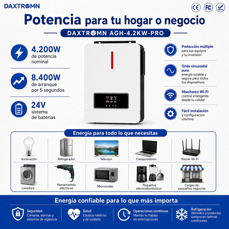 INVERSOR SOLAR CON WIFI HIBRIDO 4.2KW, POTENCIA PICO 8.400W - 8