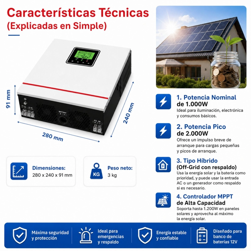 INVERSOR SOLAR 1.0KW 12V, POTENCIA PICO 2.000W / PORTABLE - 5