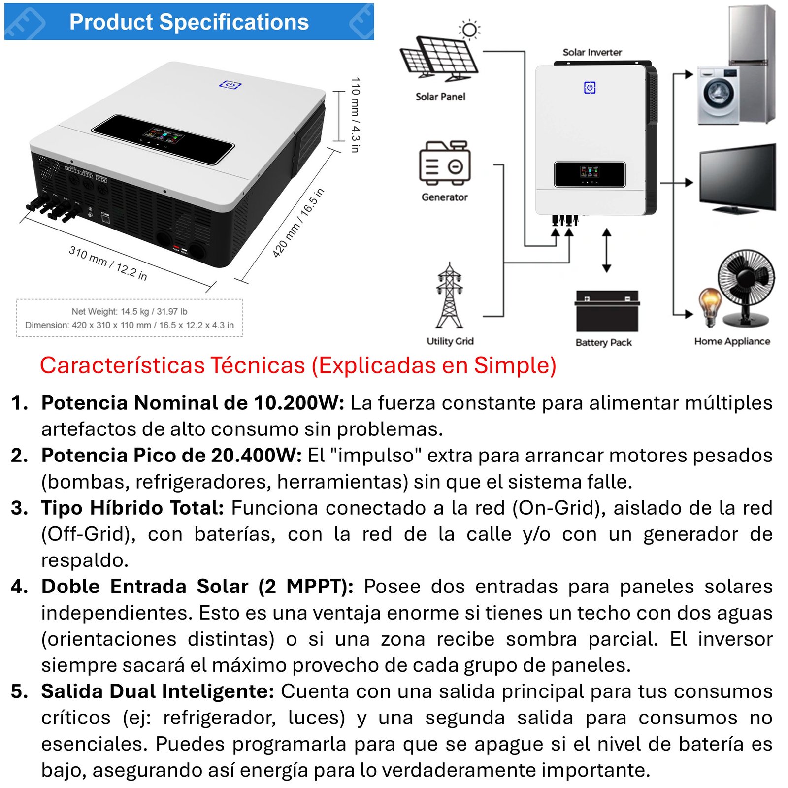 INVERSOR SOLAR CON WIFI HÍBRIDO 10.2KW POTENCIA PICO 20.400W - 6